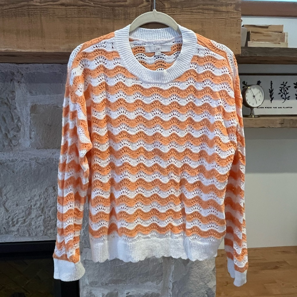 Loft scalloped pointelle sweater, orange, white, medium